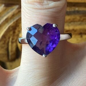 African Amethyst Sterling Silver Heart Ring Size 7.75